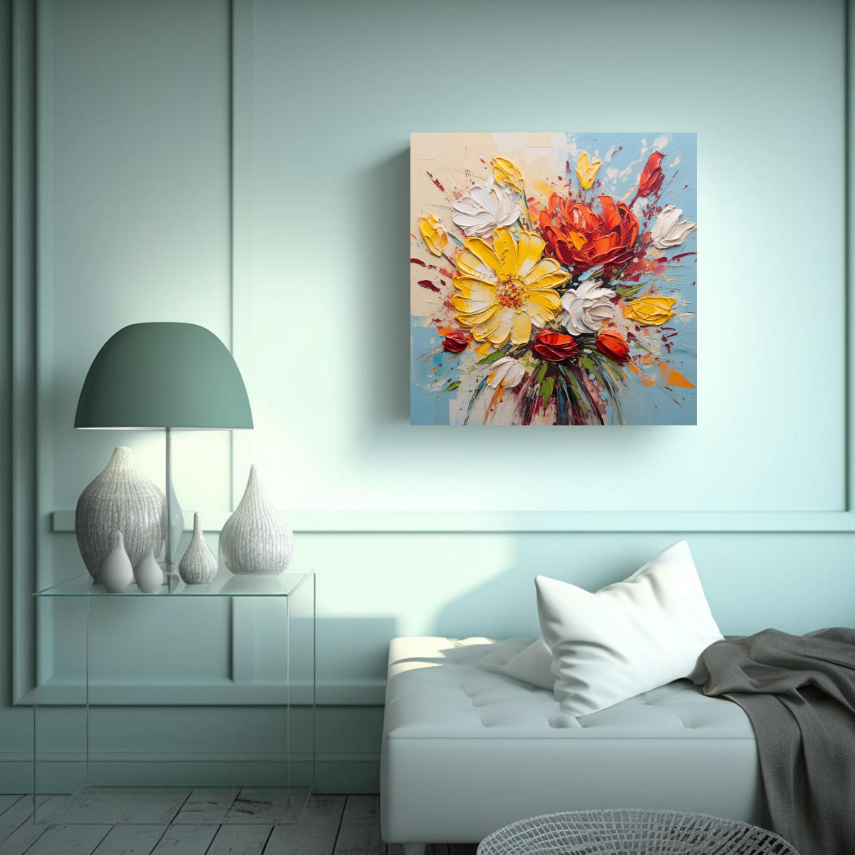 CUADRO DE FLORES AMARILLAS Y ROJAS EN LIENZO 70X70 CM - 2