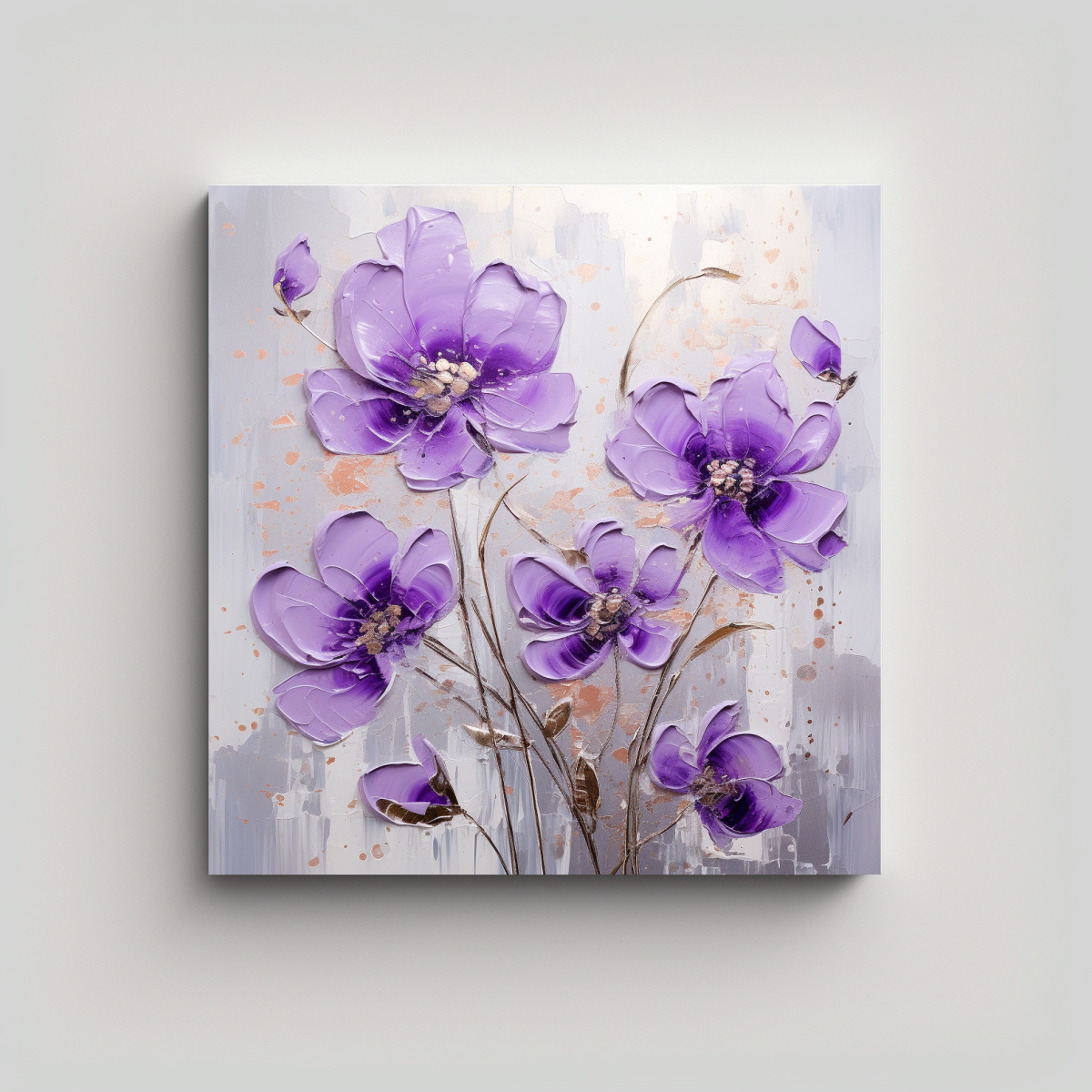 CUADRO VINTAGE TEXTURA PÚRPURA Y PLATA FLORES EN 70X70 CM - 1