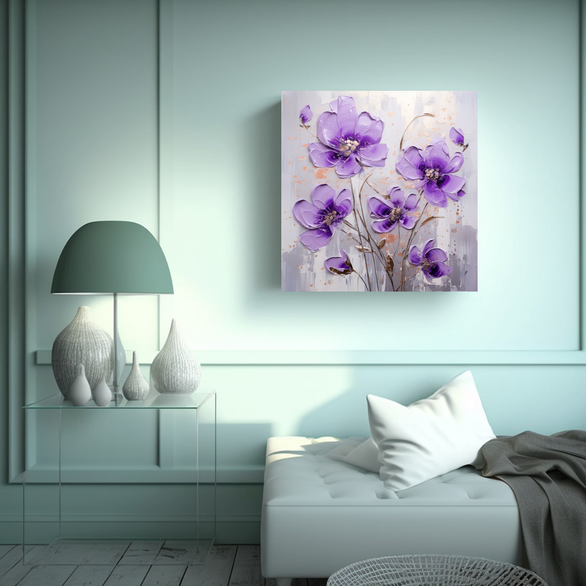 CUADRO VINTAGE TEXTURA PÚRPURA Y PLATA FLORES EN 70X70 CM - 2