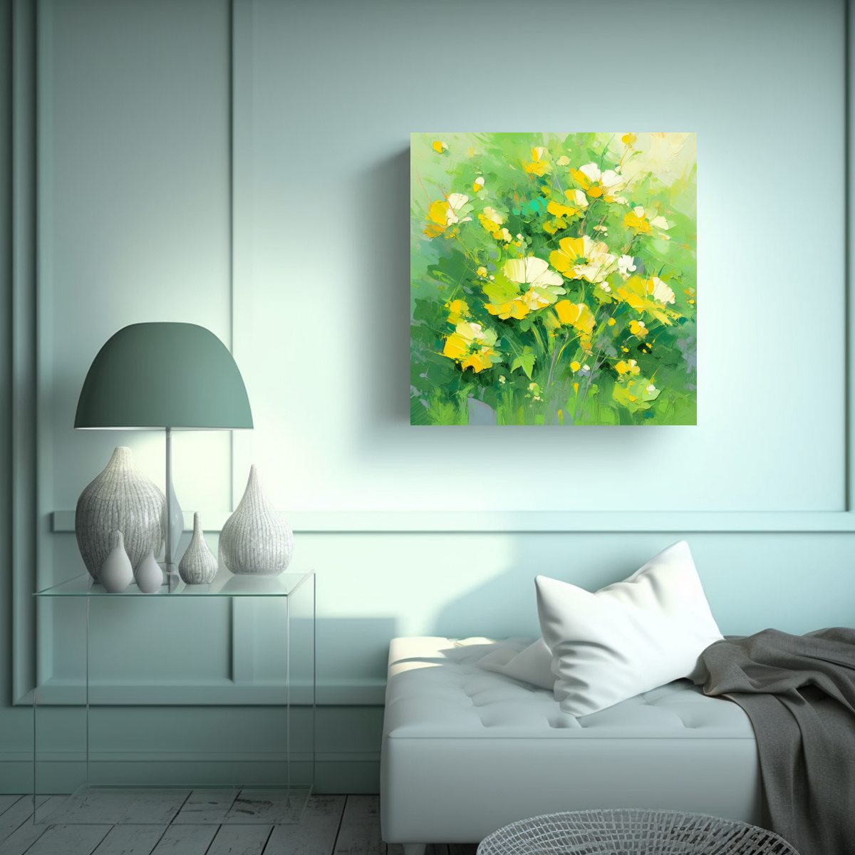 CUADRO FLORES AMARILLAS Y VERDES EN LIENZO 60X60 CM - 2