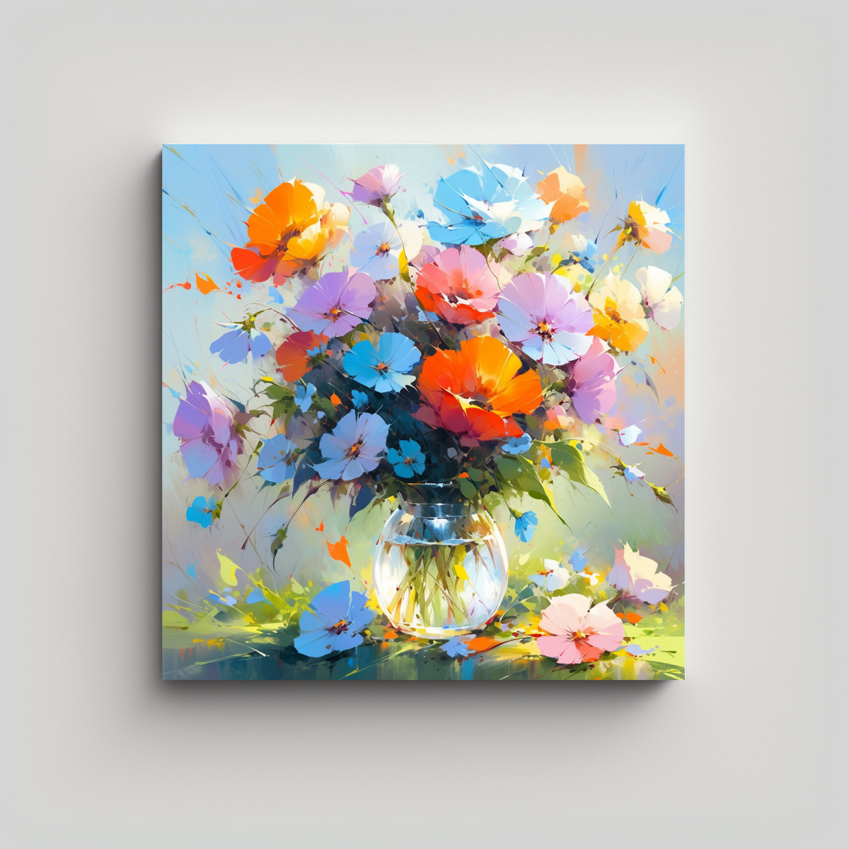 PINTURA EN LIENZO ESTILO LLUVIA CON FLORES EN UN 90X90 CM - 1