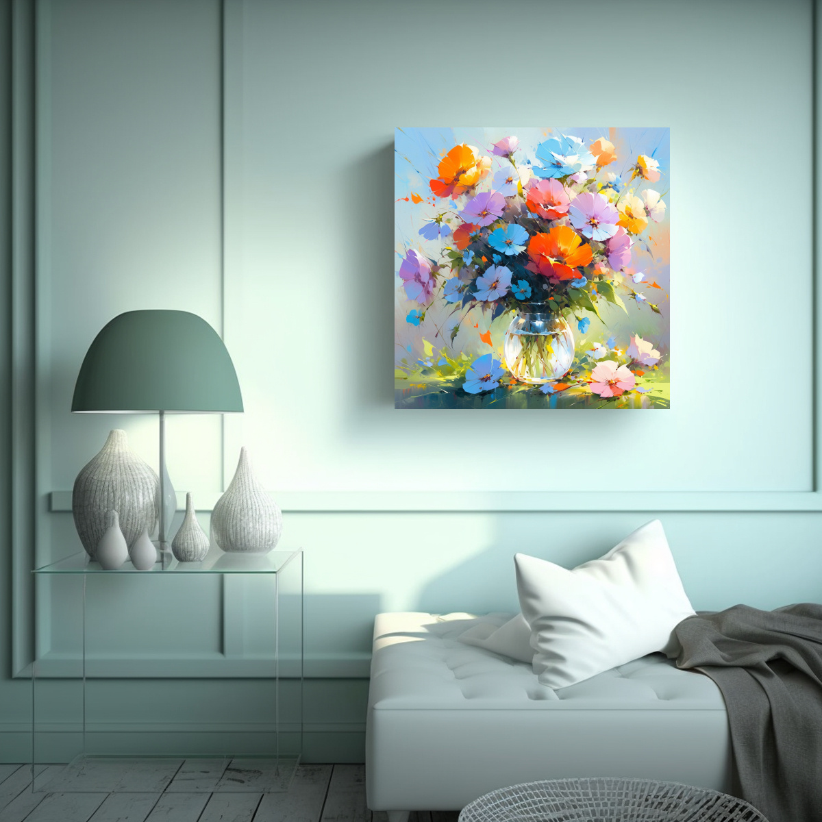 PINTURA EN LIENZO ESTILO LLUVIA CON FLORES EN UN 90X90 CM - 2