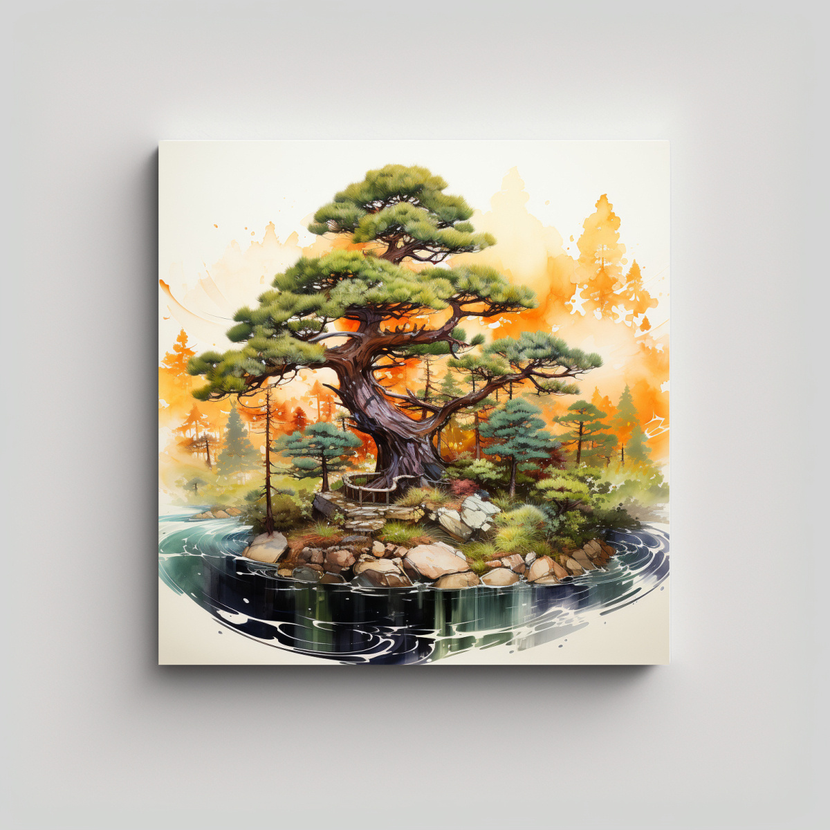 PINTURA ABSTRACTA DE ÁRBOL DE PINO BONSÁI EN 30X30 CM - 1