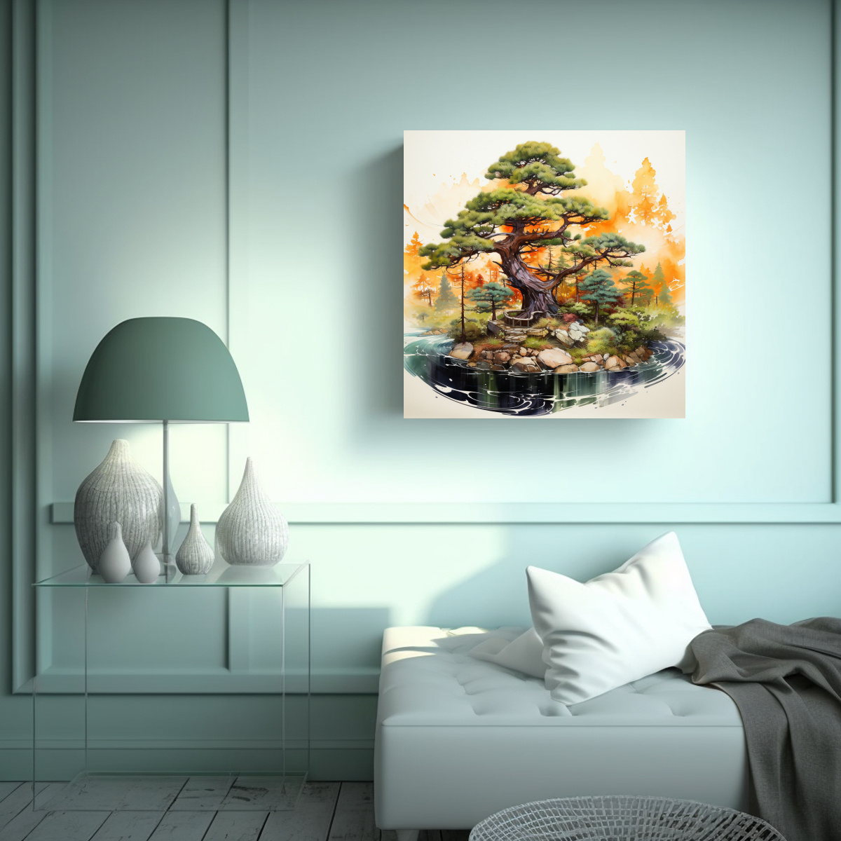 PINTURA ABSTRACTA DE ÁRBOL DE PINO BONSÁI EN 30X30 CM - 2