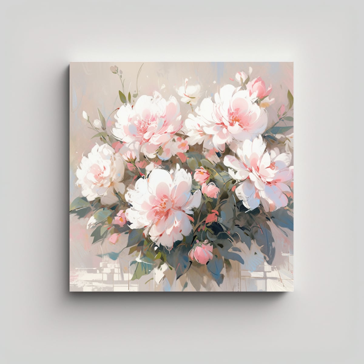 PINTURA EN LIENZO DE FLORES BLANCAS Y ROSAS EN LA 80X80 CM - 1