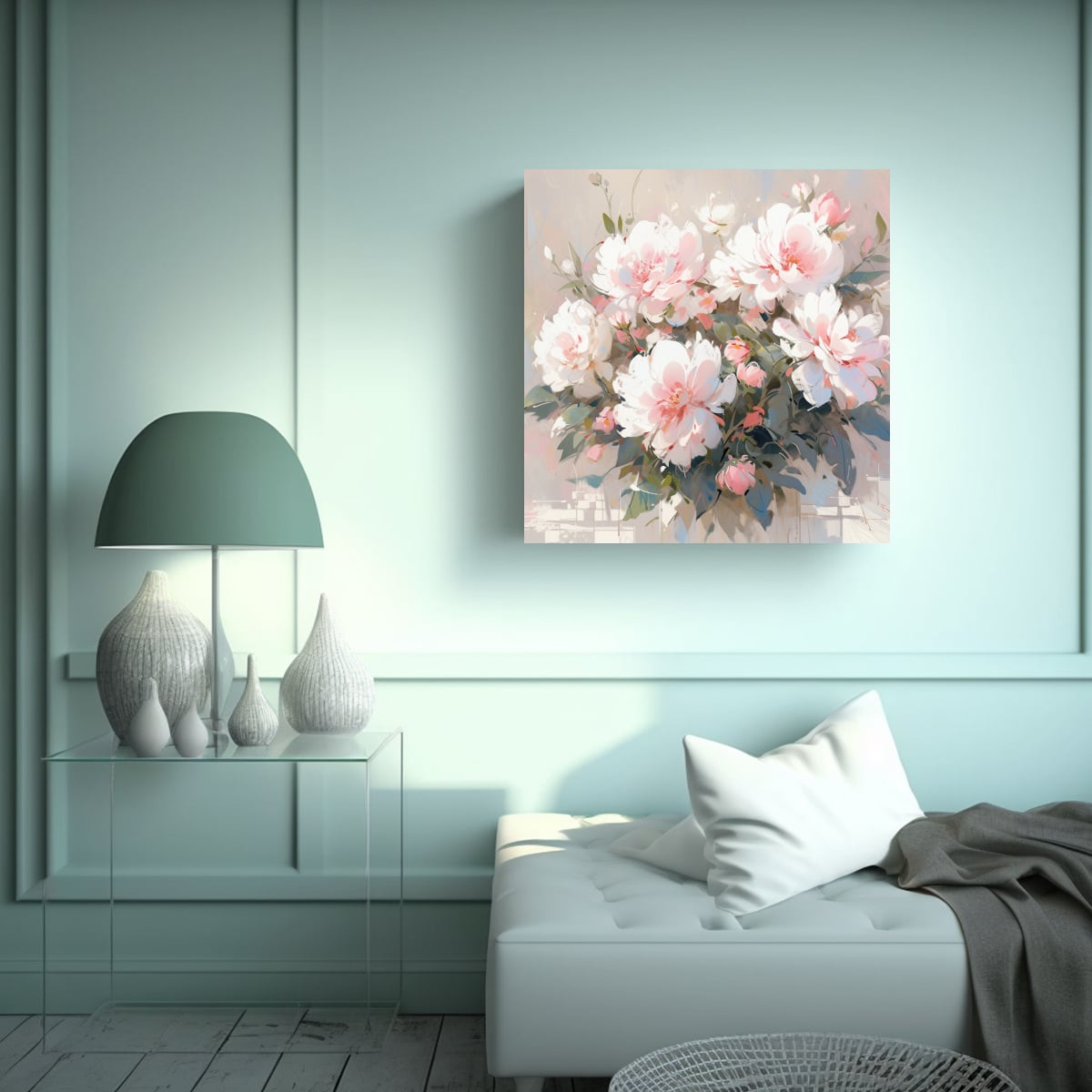 PINTURA EN LIENZO DE FLORES BLANCAS Y ROSAS EN LA 80X80 CM - 2