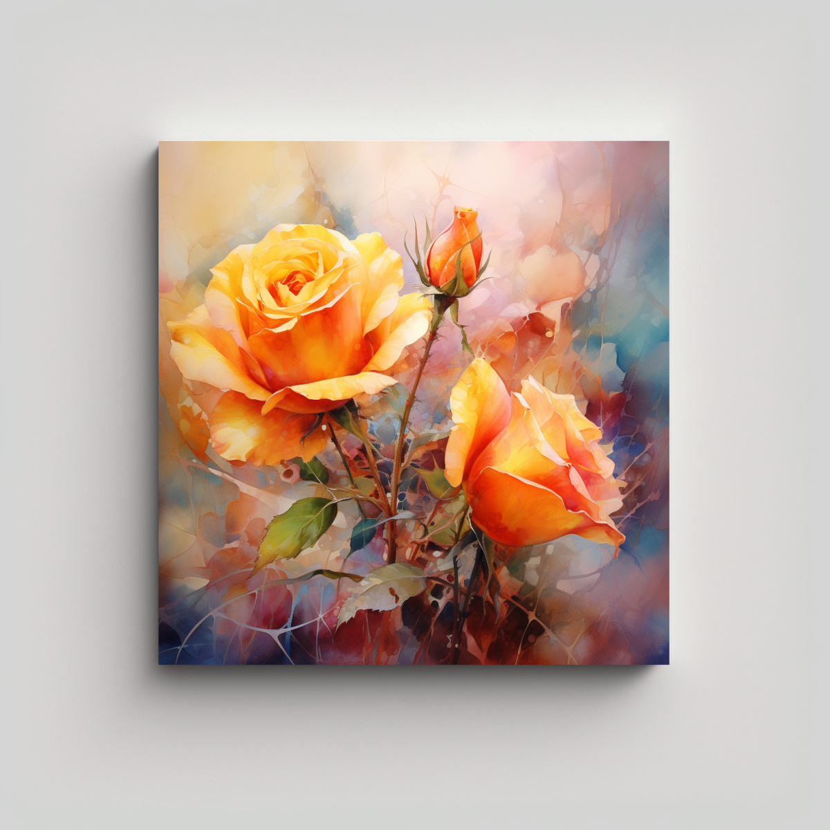 PINTURA ABSTRACTA DE ROSAS AMARILLAS Y NARANJAS 80X80 CM - 1