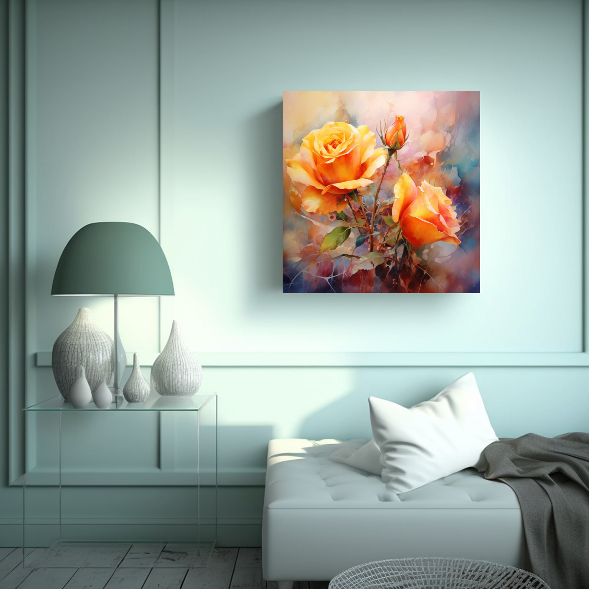 PINTURA ABSTRACTA DE ROSAS AMARILLAS Y NARANJAS 80X80 CM - 2