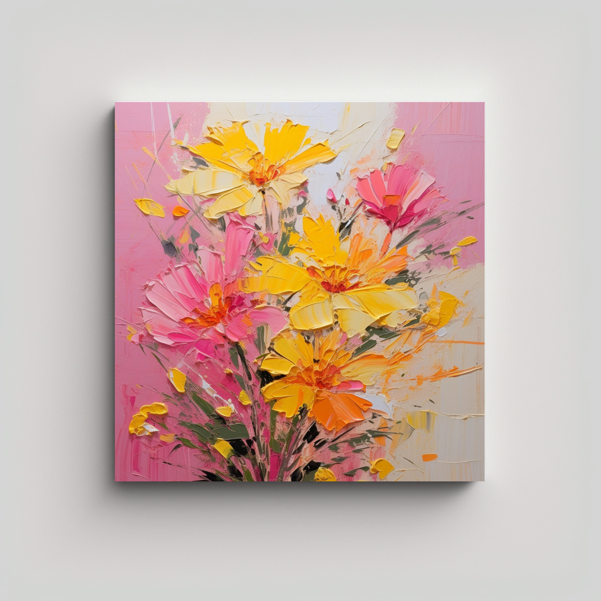 PINTURA DE FLORES AMARILLAS Y ROSAS EN LIENZO CON 90X90 CM - 1