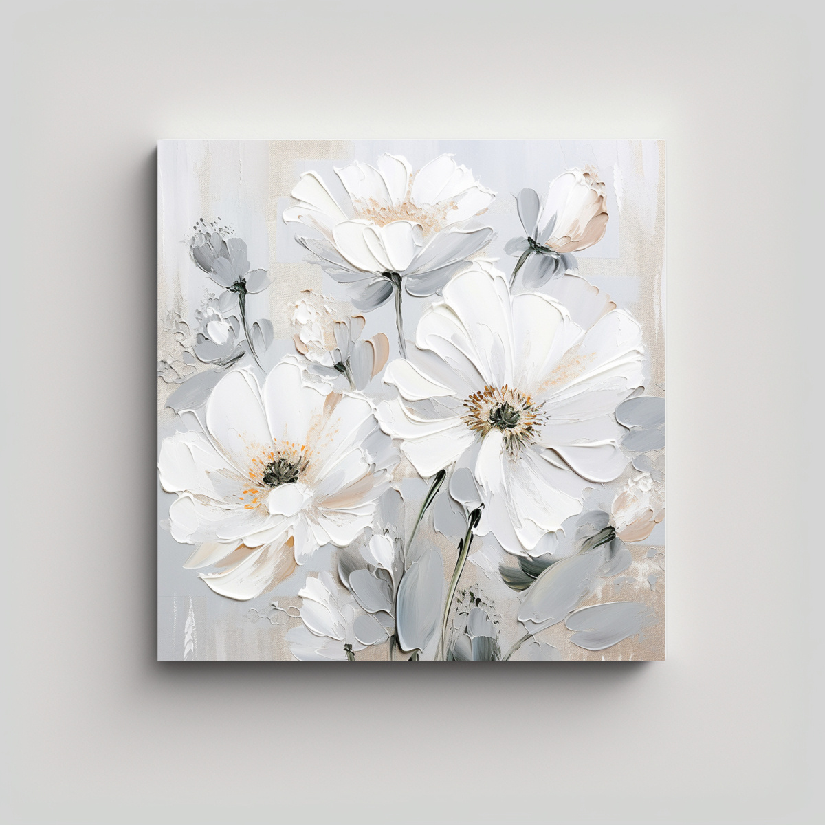 PINTURA DE FLORES EN LIENZO EN COLORES BLANCO Y 80X80 CM - 1
