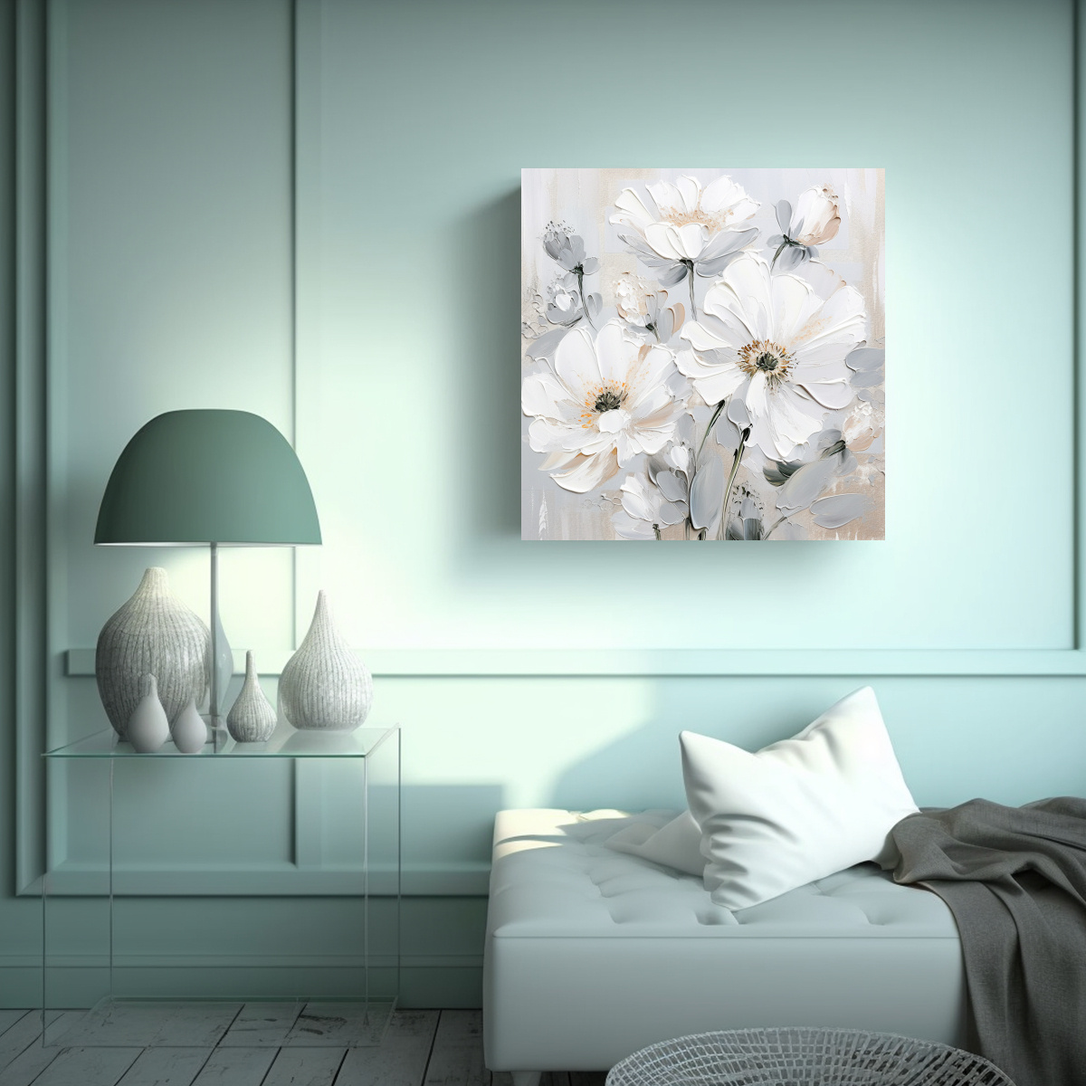 PINTURA DE FLORES EN LIENZO EN COLORES BLANCO Y 80X80 CM - 2