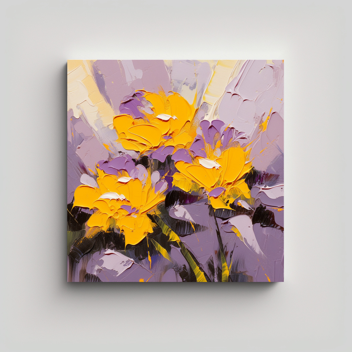 PINTURA DE FLORES AMARILLAS Y MORADAS EN LIENZO 30X30 CM - 1