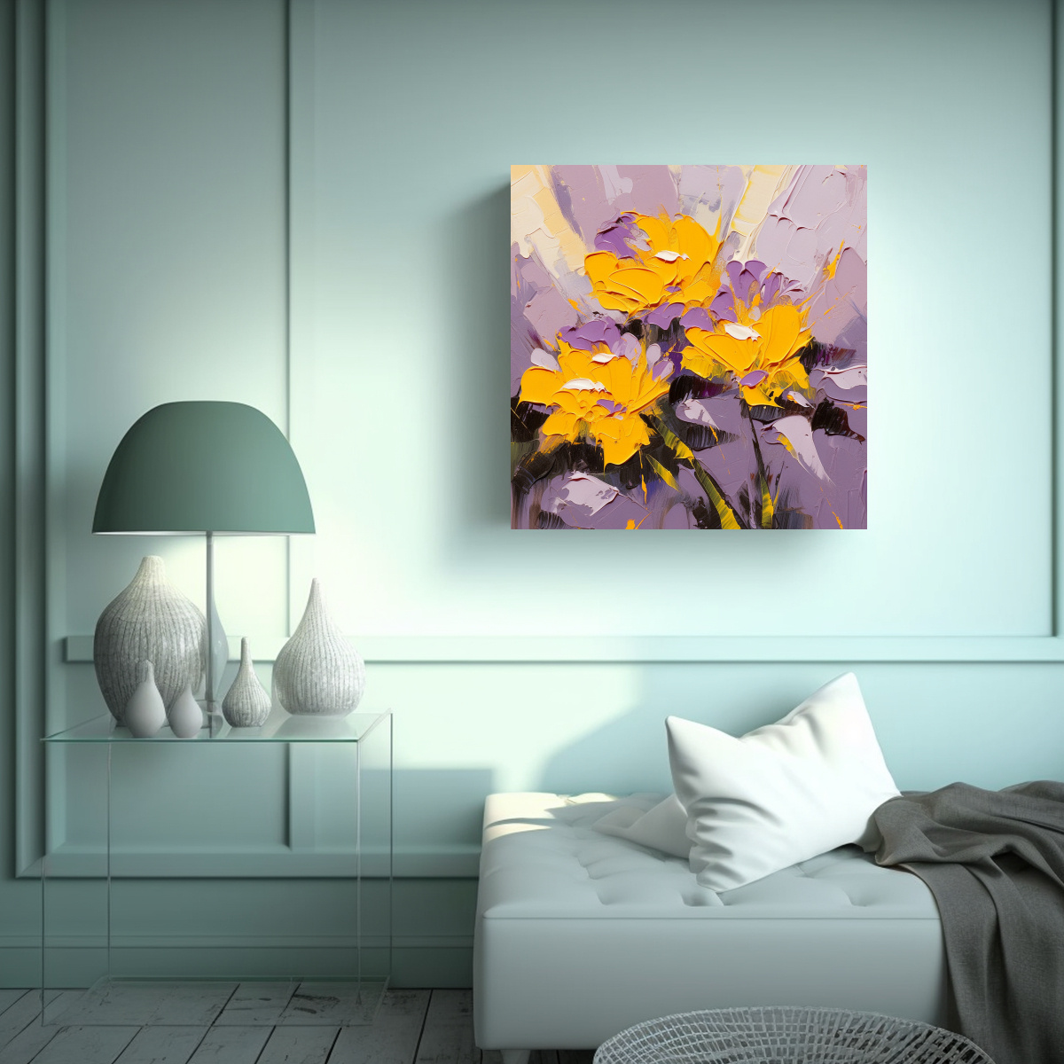 PINTURA DE FLORES AMARILLAS Y MORADAS EN LIENZO 30X30 CM - 2