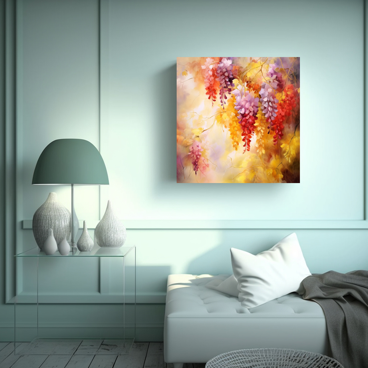 CUADRO ABSTRACTO DE FLORES DE GLICINAS AMARILLAS 60X60 CM - 2