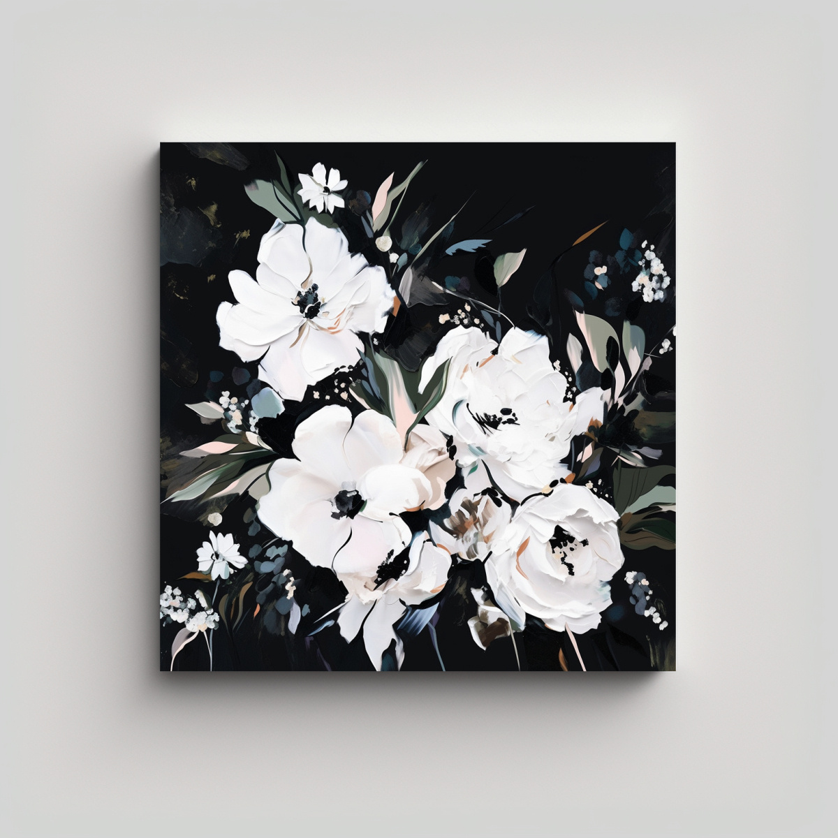 PINTURA DE FLORES EN LIENZO BLANCO Y NEGRO PARA 40X40 CM - 1