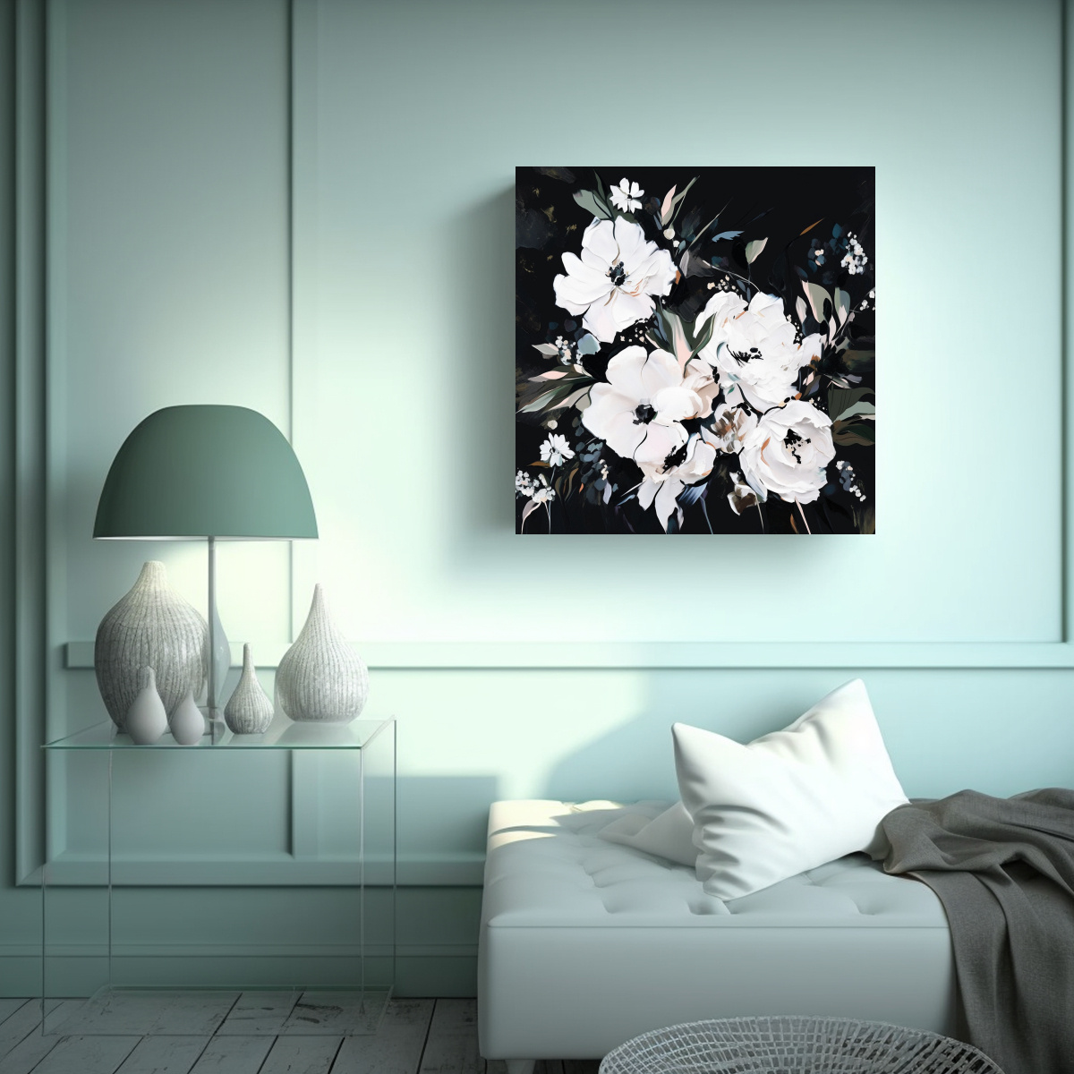 PINTURA DE FLORES EN LIENZO BLANCO Y NEGRO PARA 40X40 CM - 2