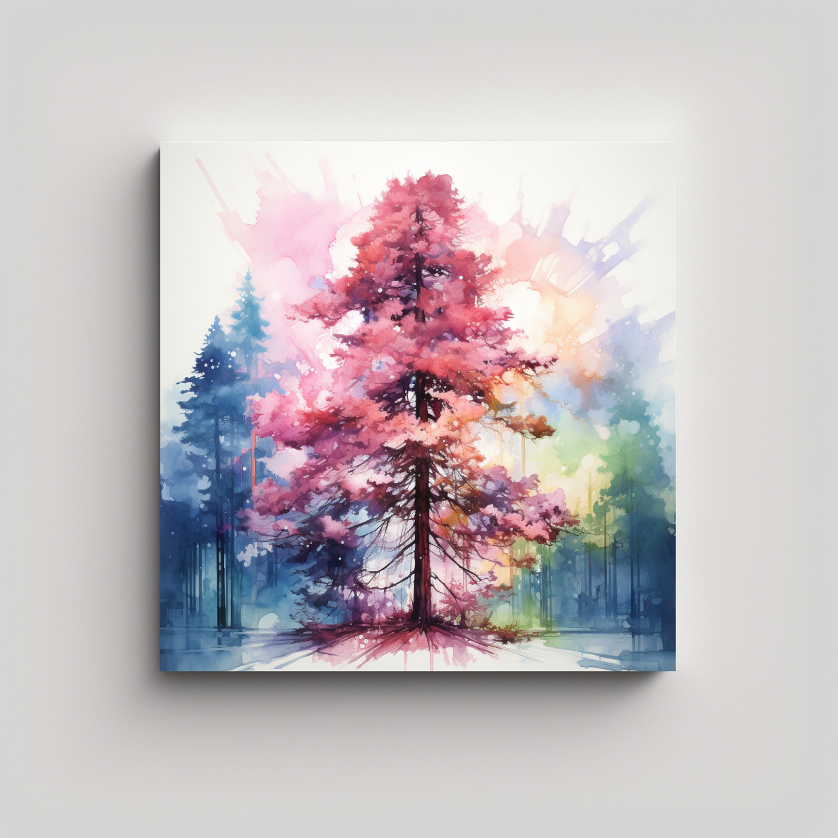 PINTURA ABSTRACTA ÁRBOL SECUOYA ROSA Y AZUL EN 60X60 CM - 1