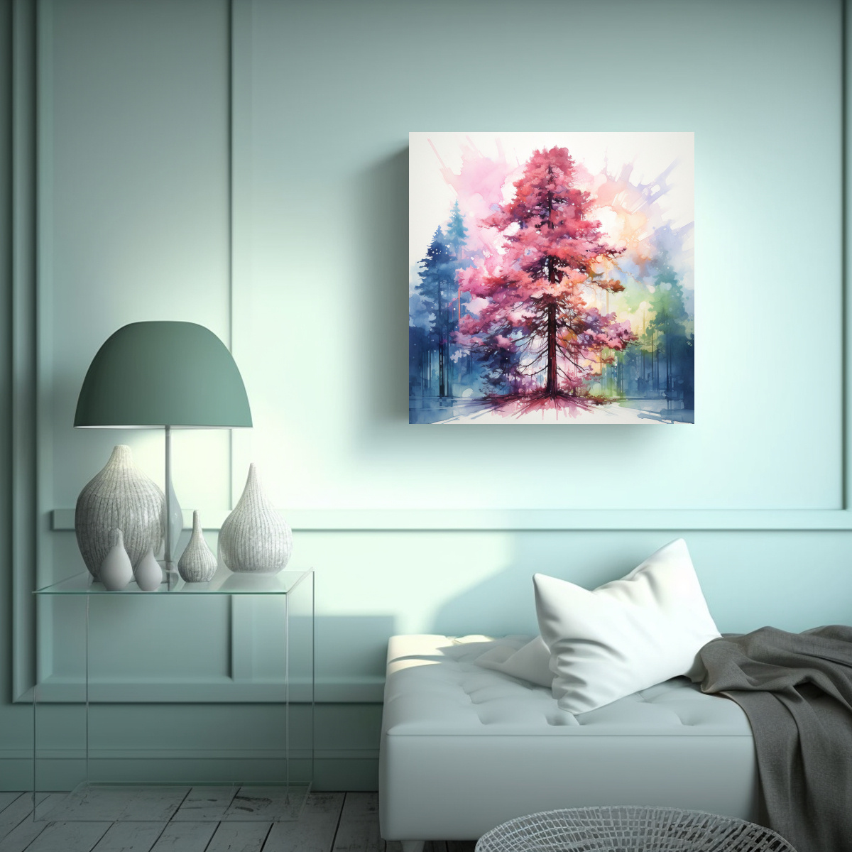 PINTURA ABSTRACTA ÁRBOL SECUOYA ROSA Y AZUL EN 60X60 CM - 2