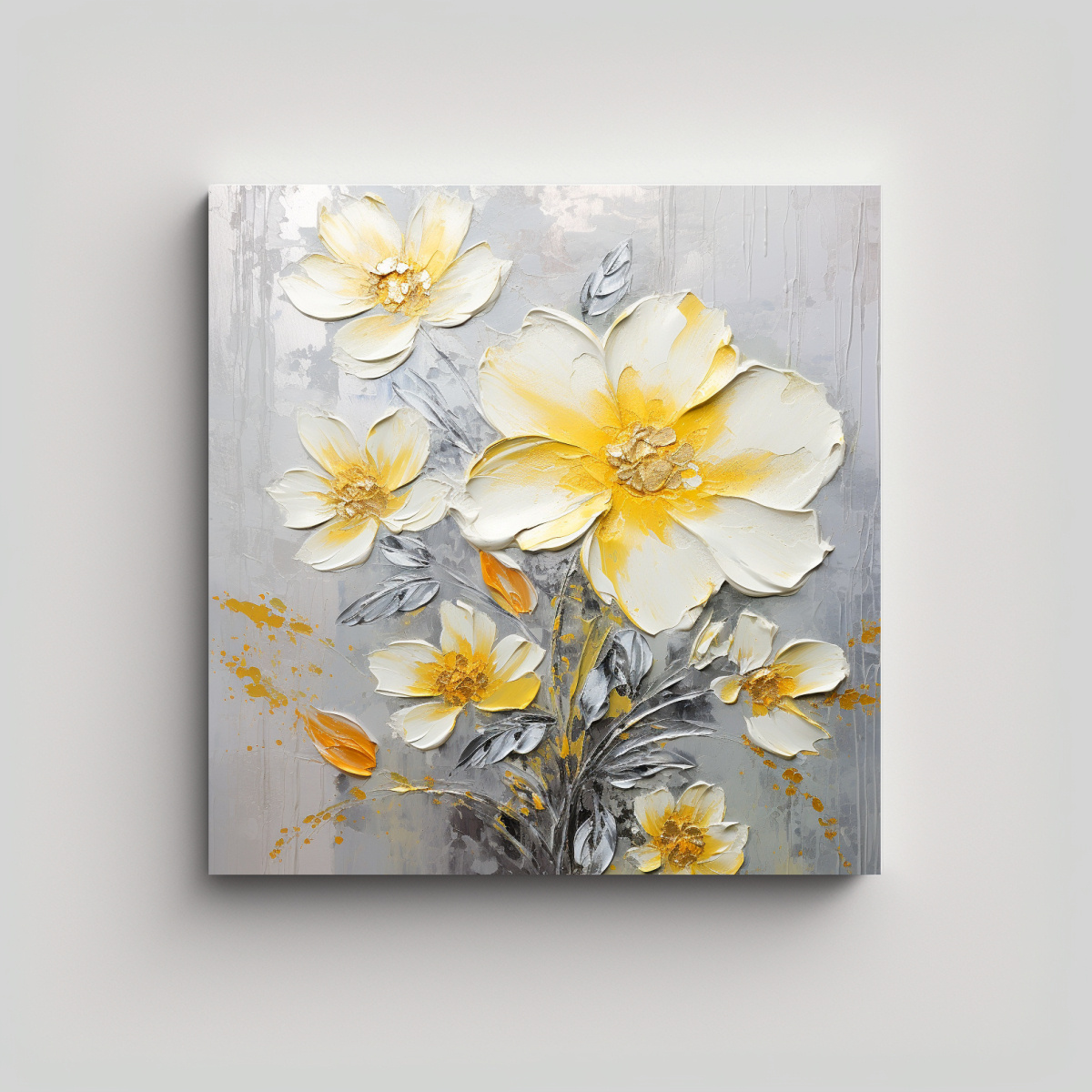 PINTURA DE FLORES AMARILLAS Y PLATEADAS EN LIENZO 60X60 CM - 1