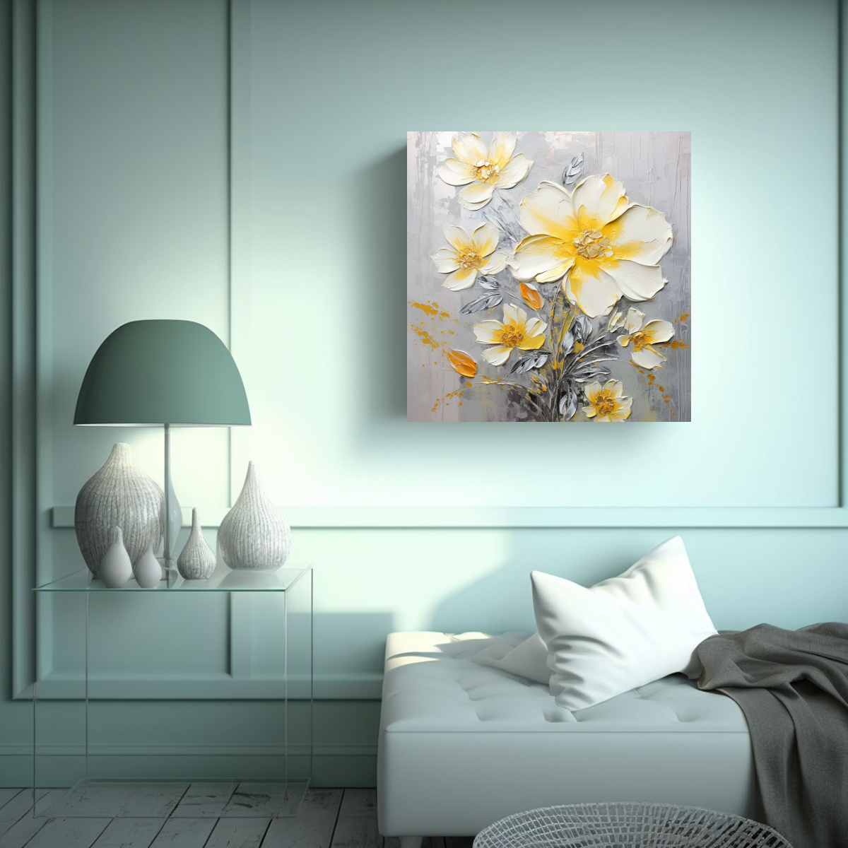 PINTURA DE FLORES AMARILLAS Y PLATEADAS EN LIENZO 60X60 CM - 2