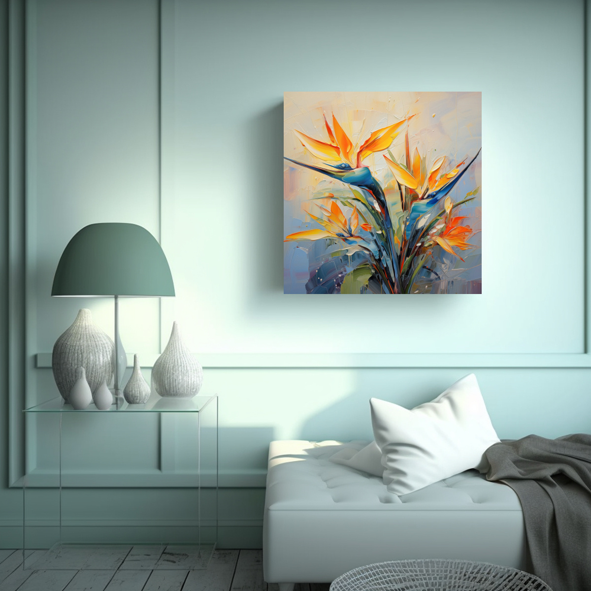 PINTURA ABSTRACTA DE AVE DEL PARAÍSO CON ALTO 100X100 CM - 2
