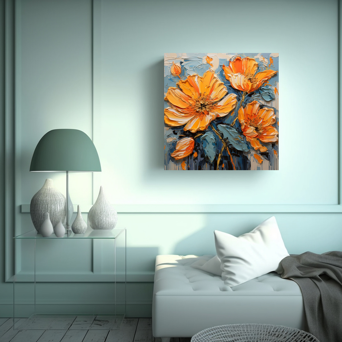 CUADRO DE PARED IMAGEN ESPACIO CON FLORES EN 90X90 CM - 2