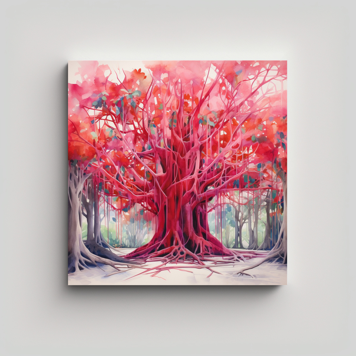 PINTURA ABSTRACTA DE AGUA EN COLORES ROJO Y ROSA, 50X50 CM - 1