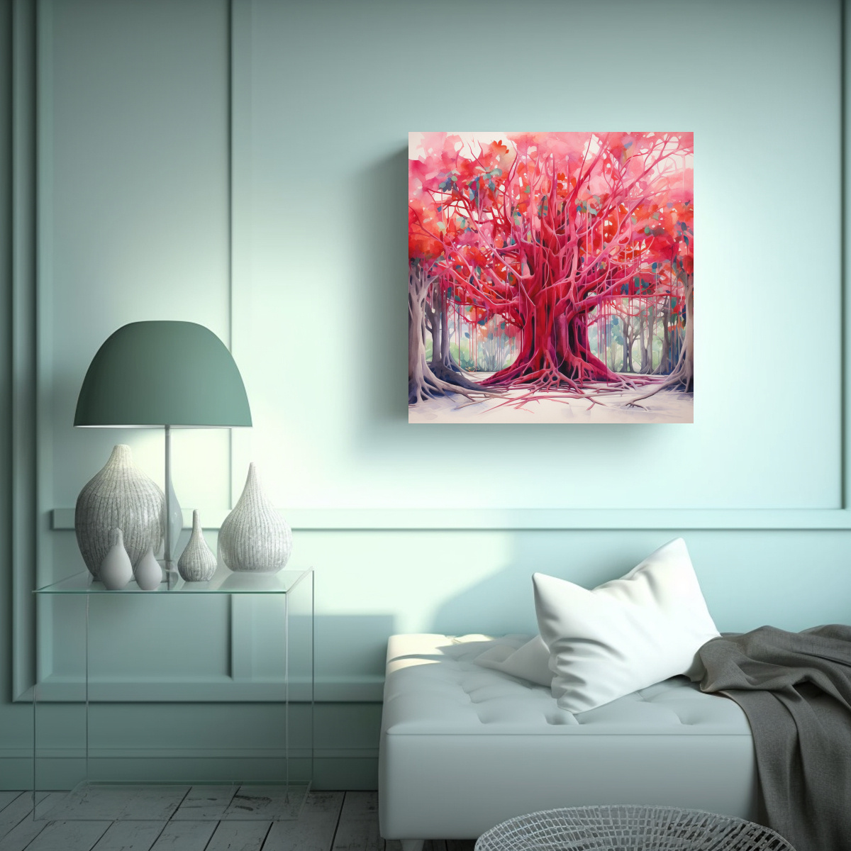 PINTURA ABSTRACTA DE AGUA EN COLORES ROJO Y ROSA, 50X50 CM - 2