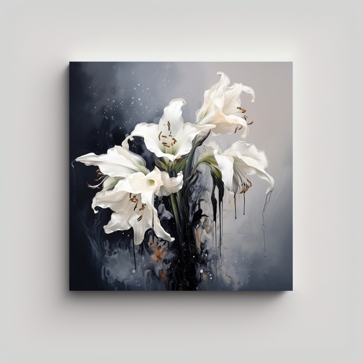 PINTURA ABSTRACTA EN BLANCO Y NEGRO DE FLORES DE 70X70 CM - 1
