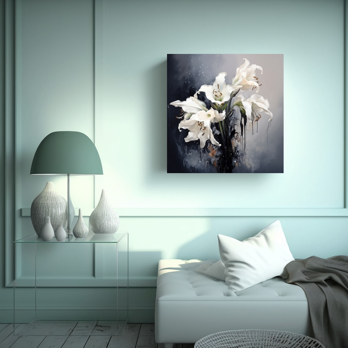 PINTURA ABSTRACTA EN BLANCO Y NEGRO DE FLORES DE 70X70 CM - 2