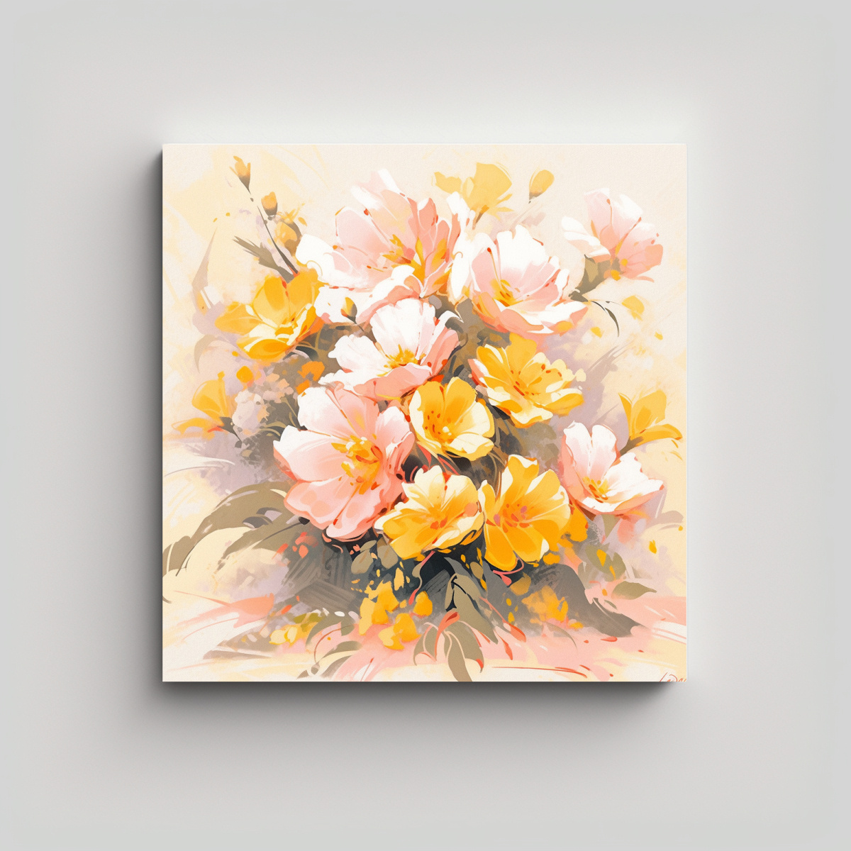DIBUJO FLORAL AMARILLO Y ROSA EN LIENZO PARA 100X100 CM - 1