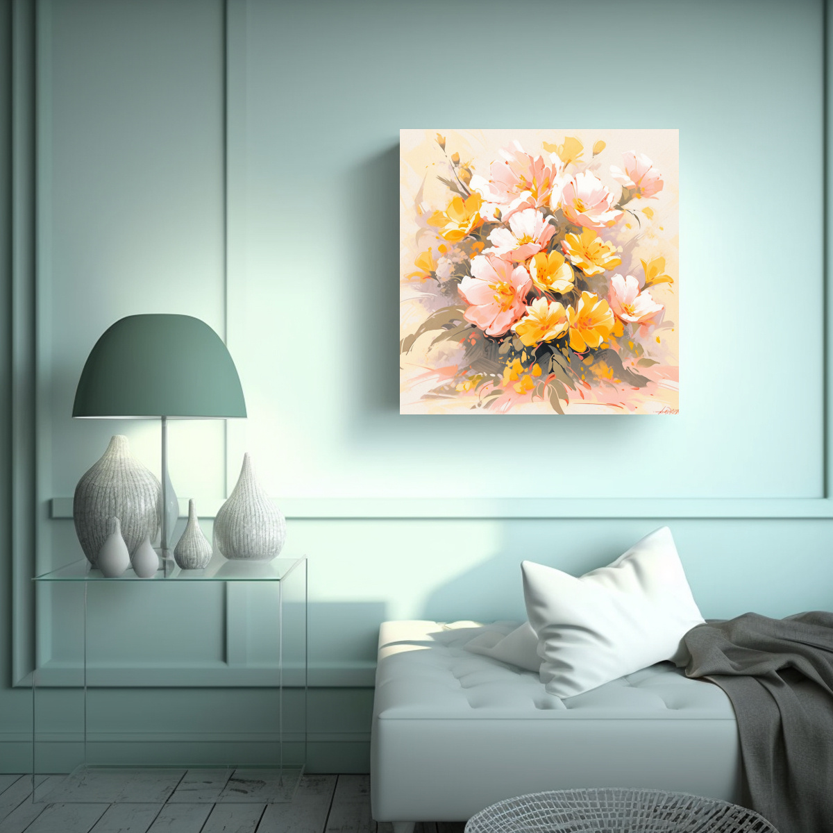 DIBUJO FLORAL AMARILLO Y ROSA EN LIENZO PARA 100X100 CM - 2