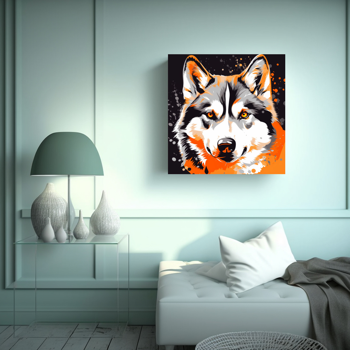 PINTURA DINÁMICA DE UN HUSKY EN COLORES NARANJA 100X100 CM - 2