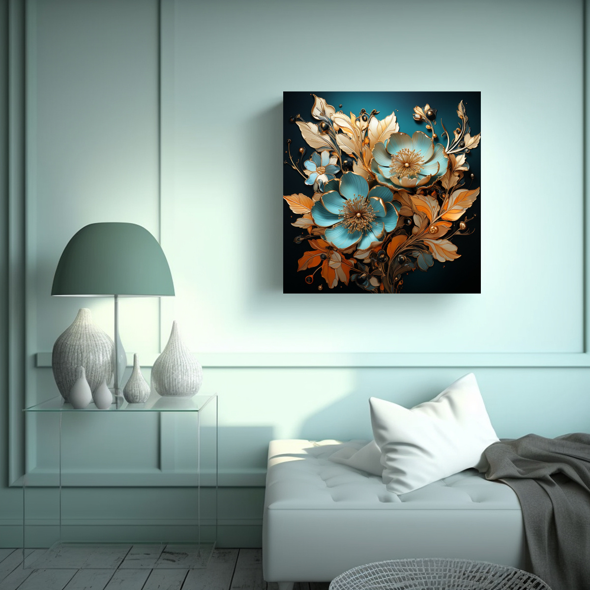 PINTURAS EN TURQUESA Y ORO DE LÍNEAS FINAS 80X80 CM - 2