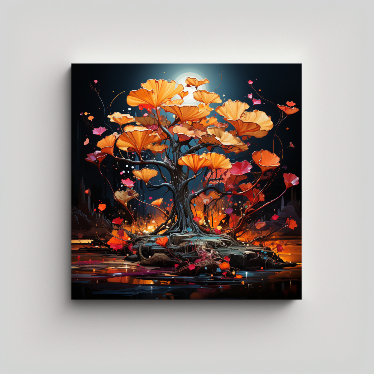 PINTURA EN BASTIDOR NEO DE ÁRBOL BONSÁI GINKGO 40X40 CM - 1