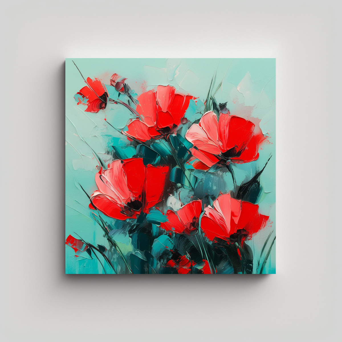 PINTURA DE FLORES EN LIENZO EN COLORES ROJO Y 20X20 CM - 1