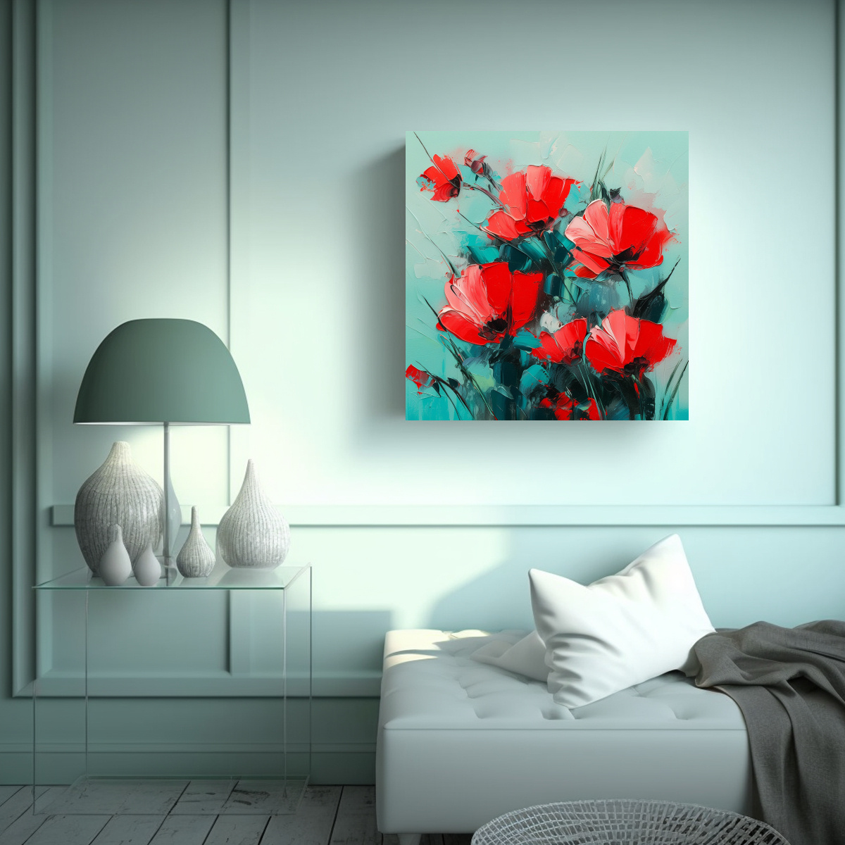 PINTURA DE FLORES EN LIENZO EN COLORES ROJO Y 20X20 CM - 2