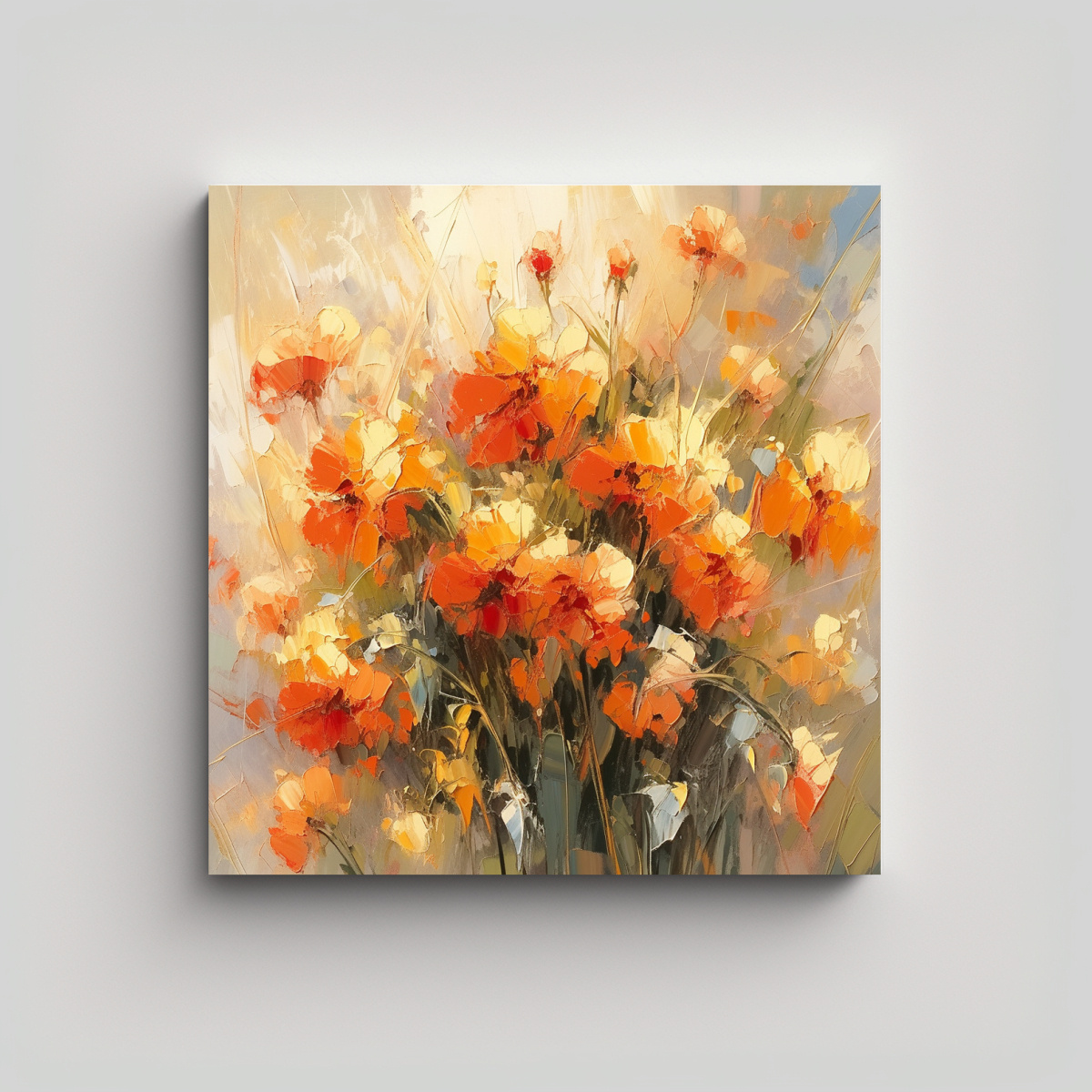 PINTURA EN LIENZO DE FLORES AMARILLAS Y ROJAS EN 60X60 CM - 1