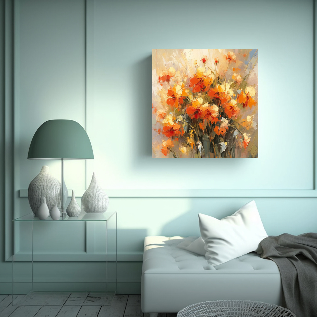 PINTURA EN LIENZO DE FLORES AMARILLAS Y ROJAS EN 60X60 CM - 2