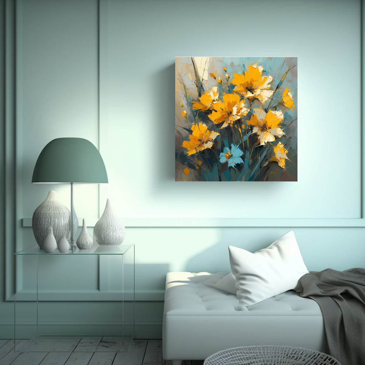CUADRO DE FLORES AMARILLAS Y TURQUESAS PARA 50X50 CM - 2