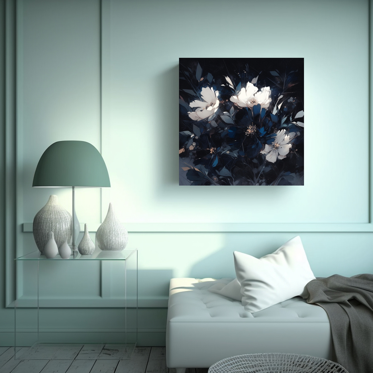 PINTURA EN LIENZO DE FLORES EN COLORES NEGROS, 50X50 CM - 2