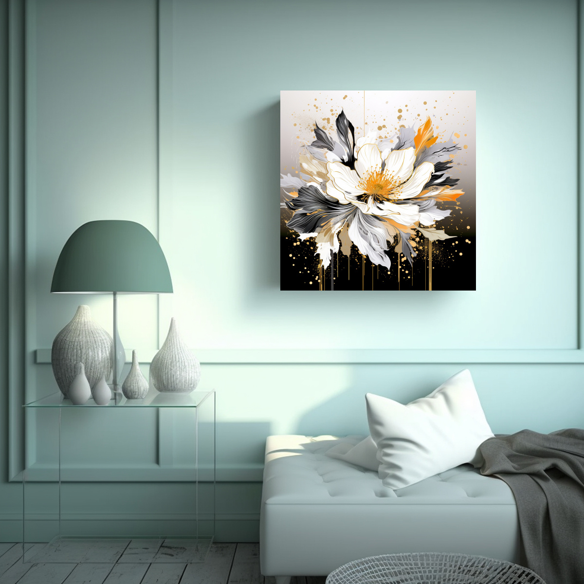 PINTURA DE PARED VANGUARDIA EN BLANCO Y DORADO, 80X80 CM - 2
