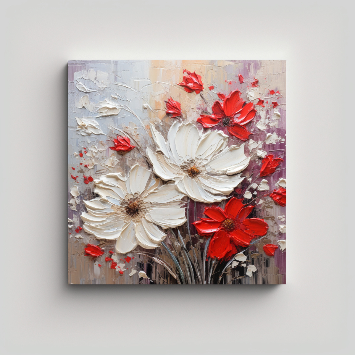 PINTURA EN TELA DISEÑO DE FLORES BLANCAS Y ROJAS 40X40 CM - 1