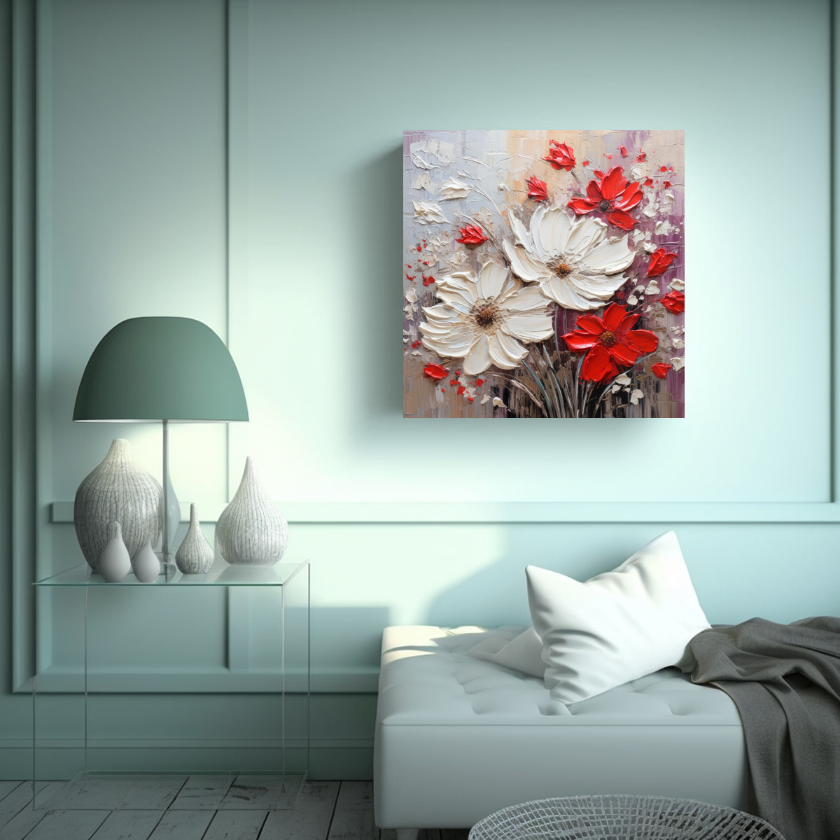 PINTURA EN TELA DISEÑO DE FLORES BLANCAS Y ROJAS 40X40 CM - 2