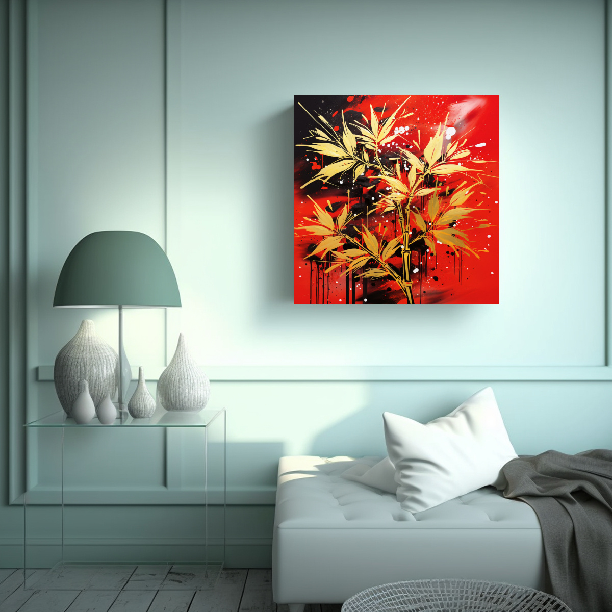 CUADRO DE BAMBÚ EN ROJO Y DORADO CON LÍNEAS 60X60 CM - 2