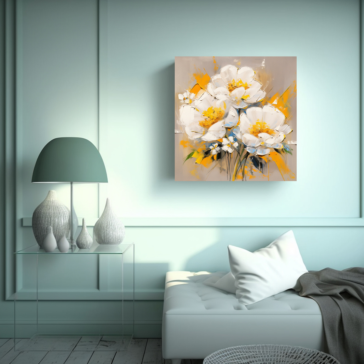 CUADRO DE FLORES AMARILLAS Y BLANCAS EN LIENZO 20X20 CM - 2