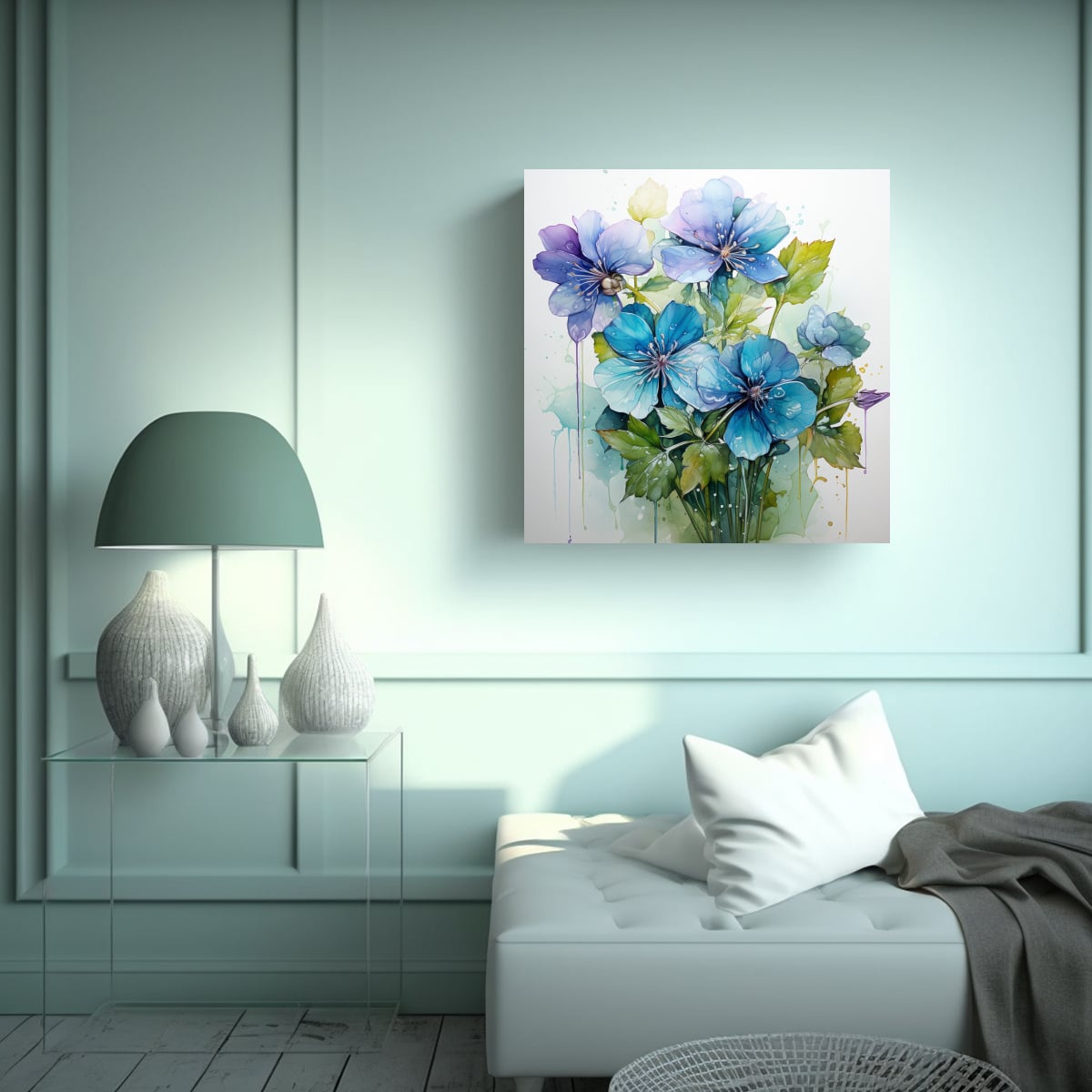 PINTURA ABSTRACTA DE PARED CON VIOLETAS VERDES Y 20X20 CM - 2