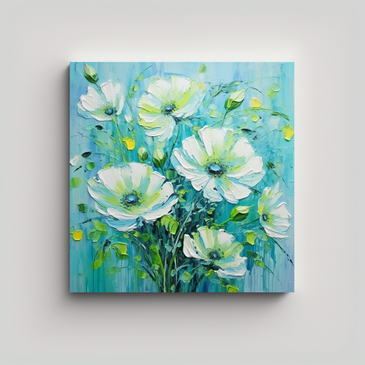 PINTURA LIENZO FLORES VERDE Y CIAN DE ALTA CALIDAD 50X50 CM - 1