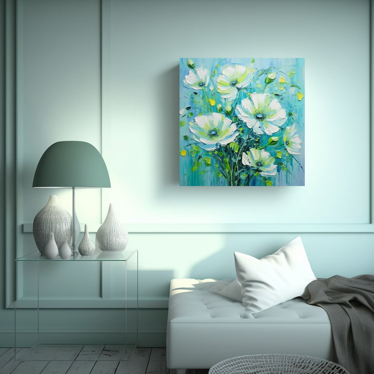 PINTURA LIENZO FLORES VERDE Y CIAN DE ALTA CALIDAD 50X50 CM - 2