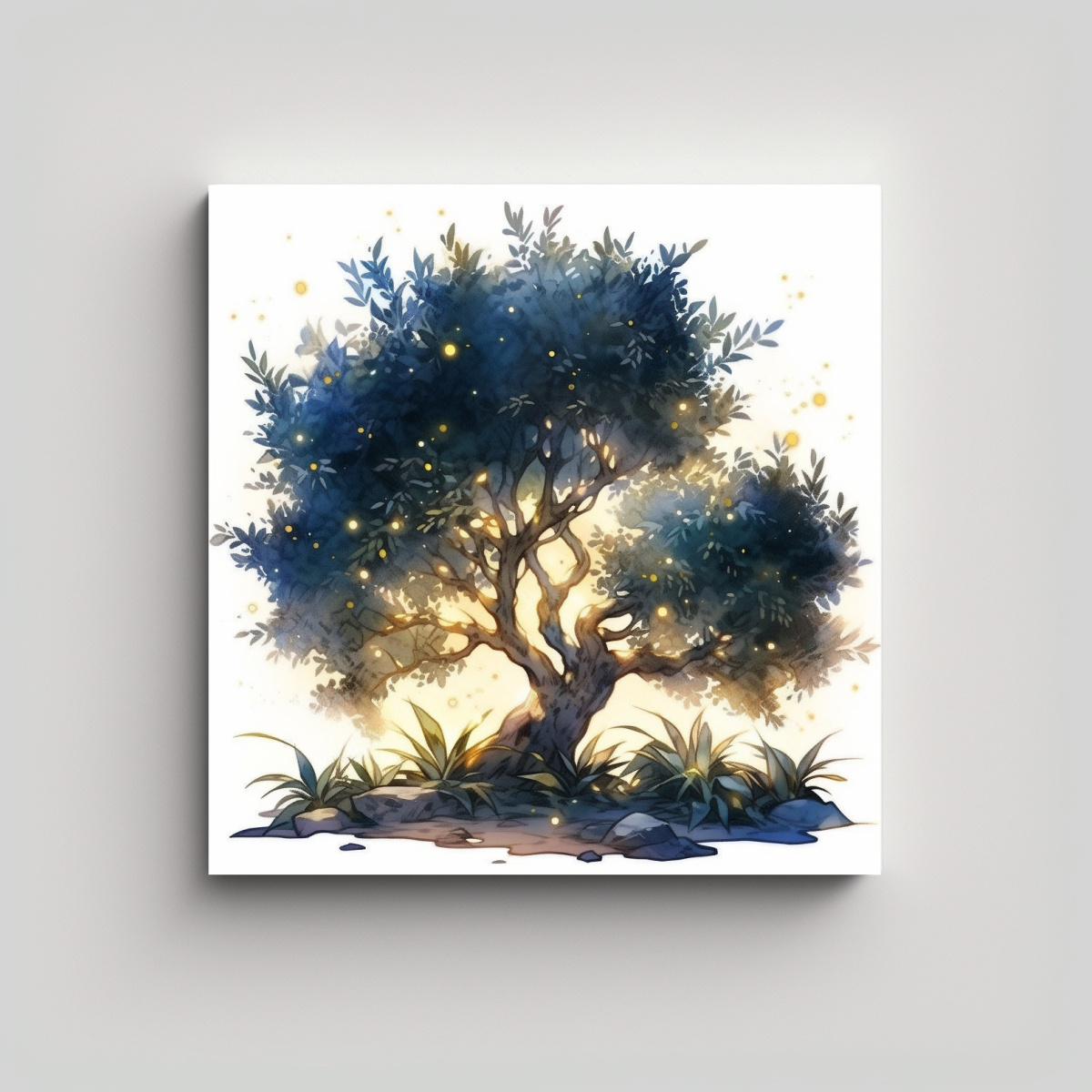 CUADRO DE ÁRBOL DE OLIVO EN COLORES ACUARELA 80X80 CM - 1